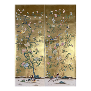 Gold Leaf Chinoiserie Hand-Painted Bird & Floral Wall Panels (Set of 2)