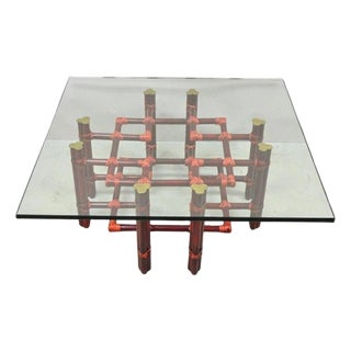 Vintage McGuire Red Rattan Bamboo and Brass Glass Top Square Coffee Table For Sale