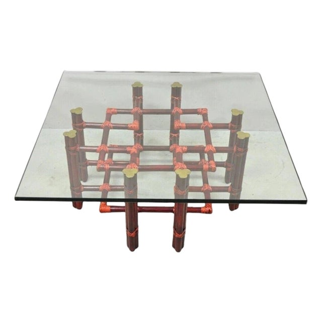 Vintage McGuire Red Rattan Bamboo and Brass Glass Top Square Coffee Table For Sale