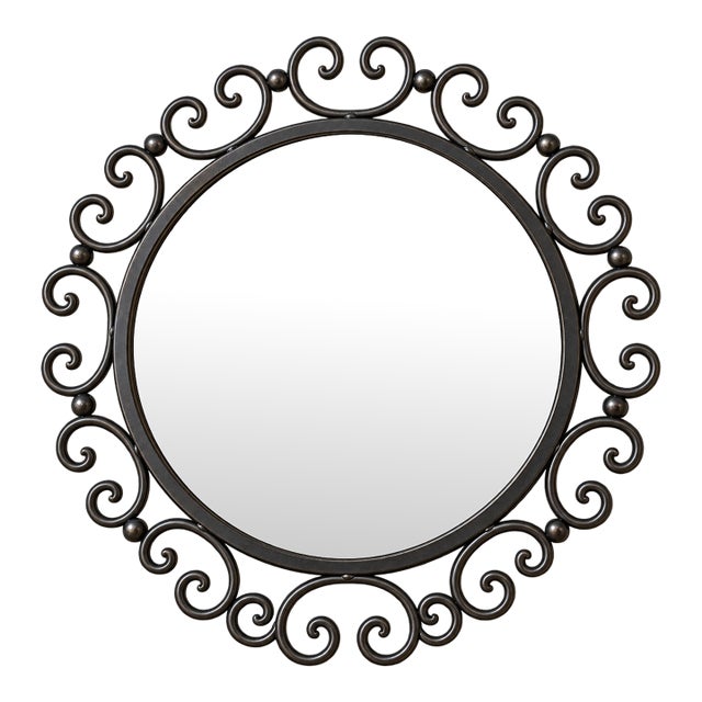 1960s Rustic Black Wrought Iron Round Scrollwork Sunburst Wall Mirror For Sale