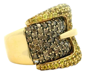 1990s 18k Yellow Gold Buckle Ring With Champagne Diamonds & Yellow Sapphires, Italian Style, 1990s, Size 6.5
