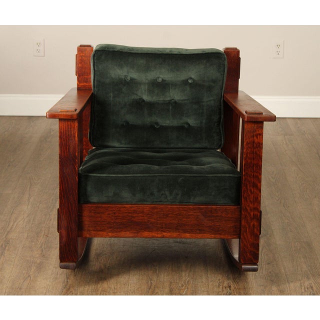 Mission Stickley Brothers Antique Oak Arts & Crafts Rocking Chair With Green Upholstered Cushions For Sale - Image 3 of 18
