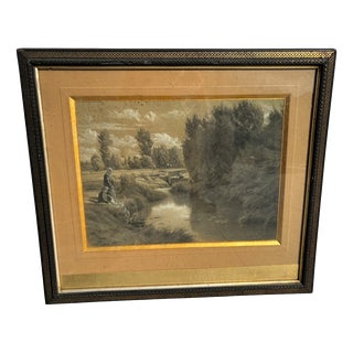 Émile François Michel, Figures by the Water, 1800s, Paper For Sale