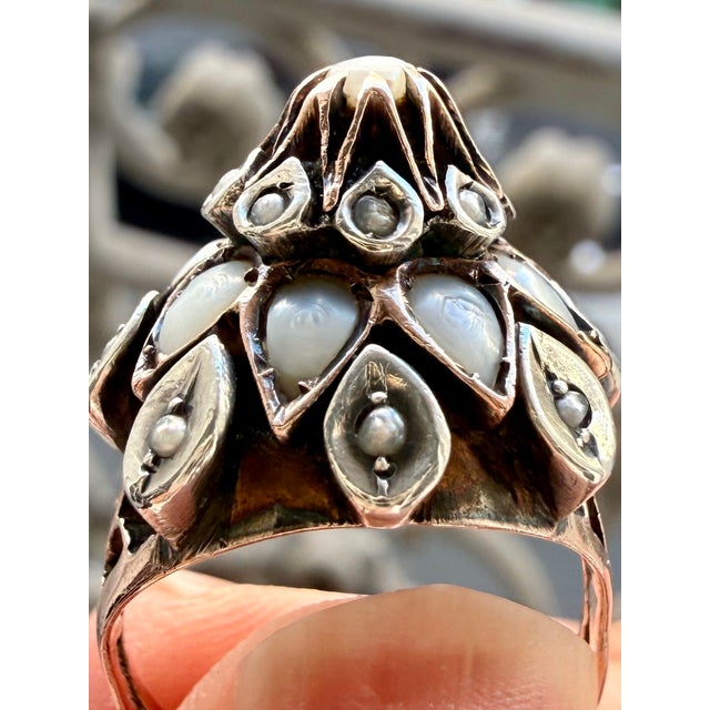 Late 19th Century 19th-Century Gold, Silver, Mother-of-Pearl and Seed Pearl Dome Ring, Size 5.25 For Sale - Image 5 of 13