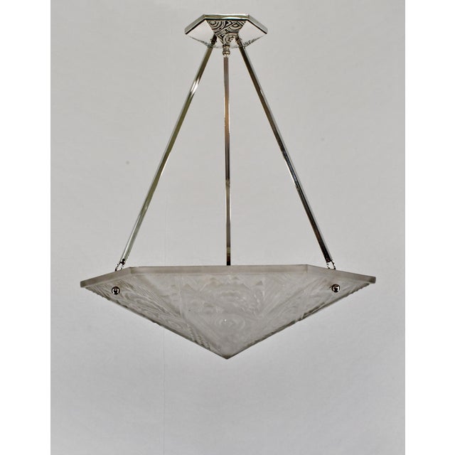 Le Verre Artistique di Lauro & Nicolas Gillen A very rare French art deco pendant light in nickel plated solid brass or...