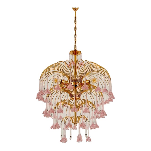 1960s Exquisite XL 4-Tier Italian Murano Glass Chandelier With Pink Floral Drops For Sale