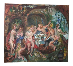 Signed Large Baroque Feast Oil Painting
