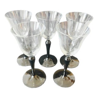 Vintage Set Kristalunie Maastricht Campanula Liqueur Glasses Black Foot Iridescent by Willem Rozendaal, 1930s, Set of 5 For Sale