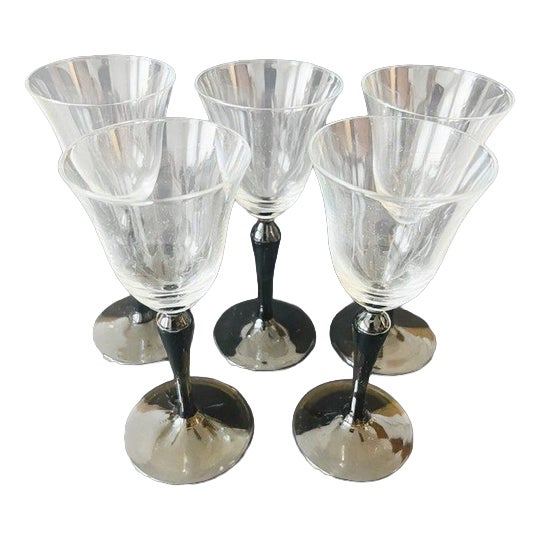 Vintage Set Kristalunie Maastricht Campanula Liqueur Glasses Black Foot Iridescent by Willem Rozendaal, 1930s, Set of 5 For Sale