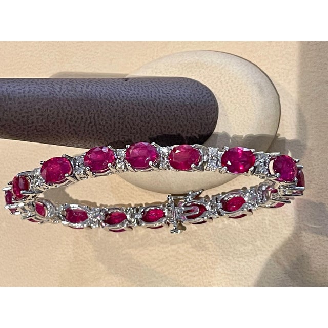 Gemstone 24 Carat Ruby & 1 Carat Diamond Affordable Tennis Bracelet 14 Karat White Gold For Sale - Image 7 of 18