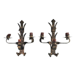 Wrought Iron Heavy Candle Sconces Spain 16" Set of 2 For Sale