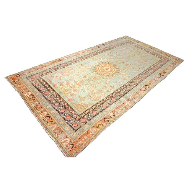 Chinese Antique Turkish Khotan Wool 6X12 Green, Orange & Blue Handmade Gallery Rug #9902946 For Sale - Image 3 of 18