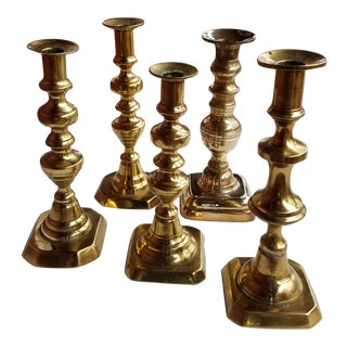 Antique 19th Century English Brass Assembled Candlesticks - Set of 5 For Sale
