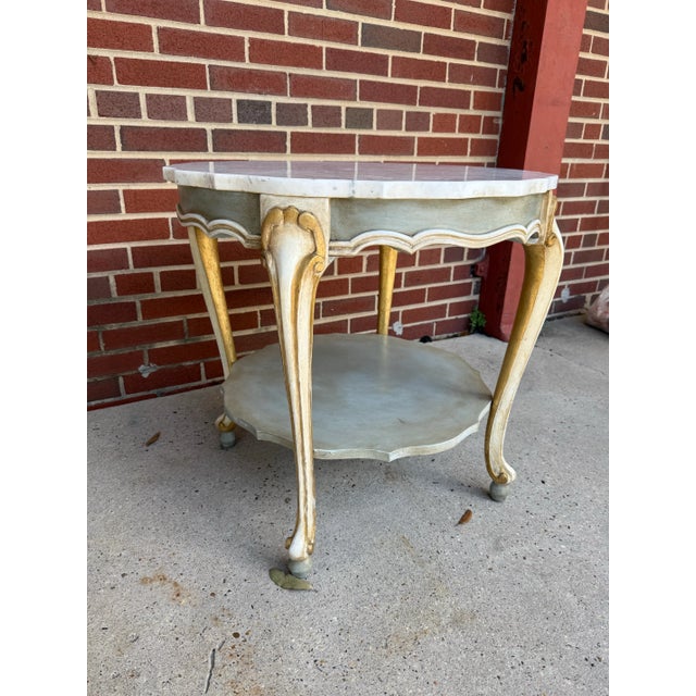 French Vintage Hand-Painted Pale Blue & Marble Newly Painted Two-Tier Accent Table by Turtle and Crane - Italian Rococo Style For Sale - Image 3 of 13