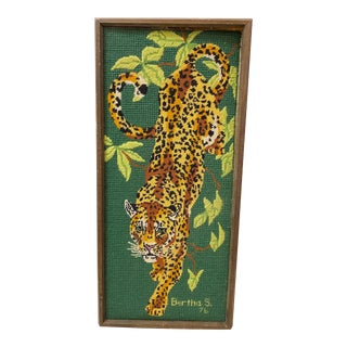 1970's Vintage Mid-Century Modern Cross Stitched Leopard Art For Sale