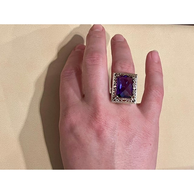 13.5 Carat Checker Board Amethyst Filigree Cocktail Ring in 14 Karat Yellow Gold For Sale - Image 10 of 18