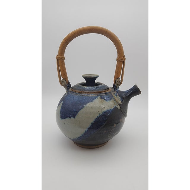 Studio Pottery Mid 20th Century Studio Pottery Teapot with Bentwood Handle and Cobalt Drip Glaze For Sale - Image 4 of 9