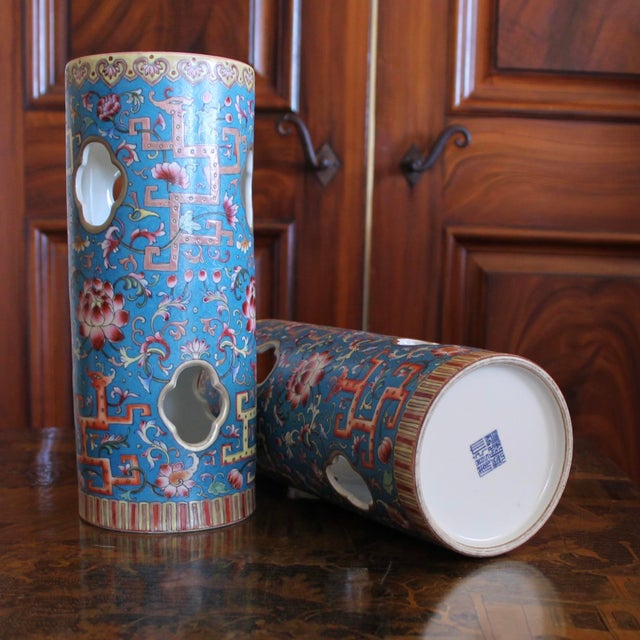 Cerulean Blue Chinese Porcelain Hat Stand Vases - A Pair For Sale - Image 12 of 14