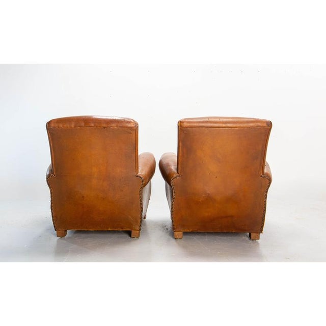 Antique French Club Armchair Fauteuil Cognac Leather and Fabric, 1930, Set of 2 For Sale - Image 6 of 16