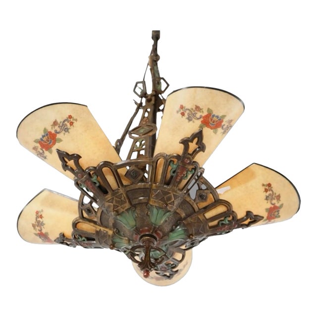 Early 20th Century Art Deco Paint Decorated Hanging Lamp Light Floral Painted Art Glass Slip Shades For Sale
