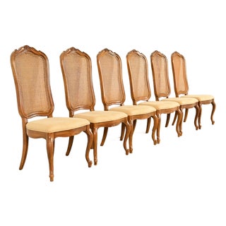 Thomasville French Provincial Louis XV Carved Walnut and Cane Back Dining Chairs, Set of Six For Sale