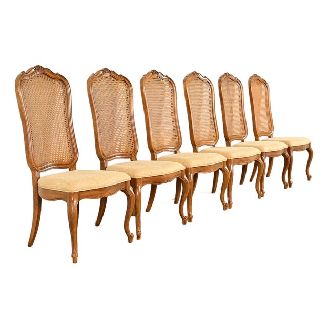 Thomasville French Provincial Louis XV Carved Walnut and Cane Back Dining Chairs, Set of Six For Sale