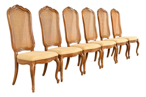 Thomasville French Provincial Louis XV Carved Walnut and Cane Back Dining Chairs, Set of Six
