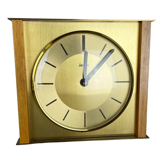 Modernist Teak and Brass Wall or Table Clock from Zentra, Germany, 1960s For Sale
