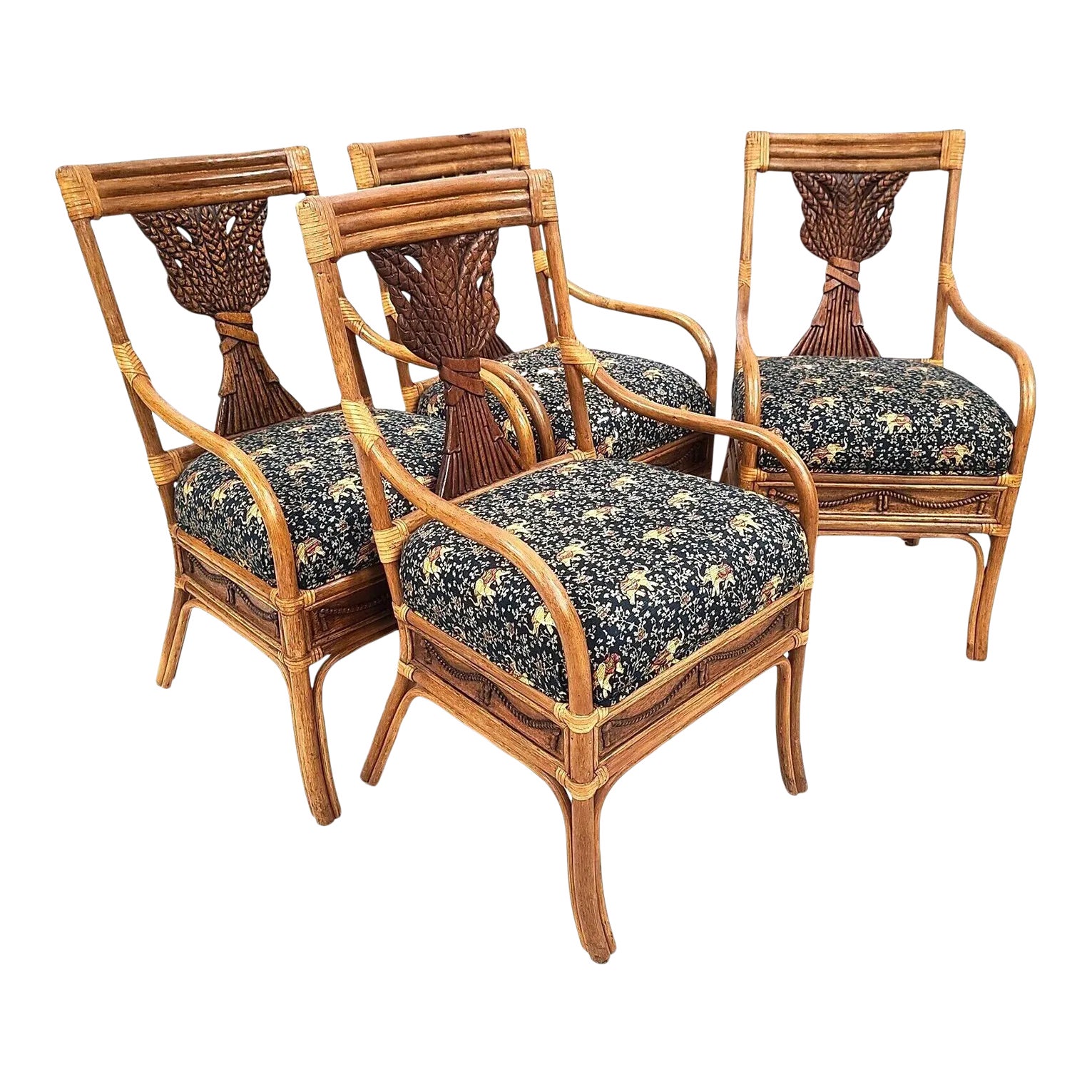 Vintage Bamboo Bentwood Rattan Wheat Back Dining Armchairs Set of 4