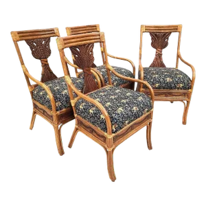 Vintage Bamboo Bentwood Rattan Wheat Back Dining Armchairs - Set of 4