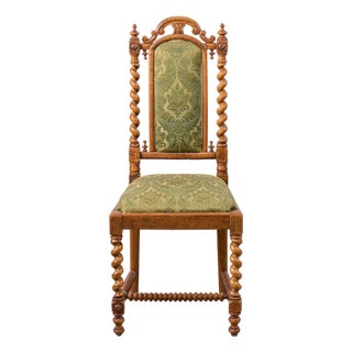 Late 19th Century Victorian Walnut Barley Twist Chair With Green Damask Upholstery For Sale