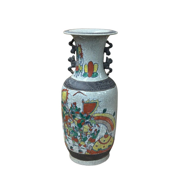 Asian Orient Crackle Gray Warrior Graphic Artistic Pottery Ceramic Vase For Sale - Image 3 of 17