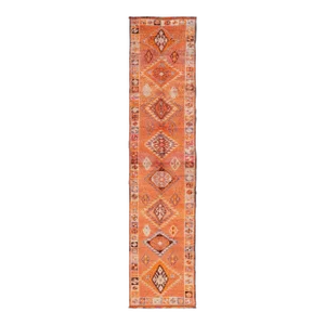 Long Midcentury Turkish Kurdish Runner With Diamond Medallions 3' X 14'2