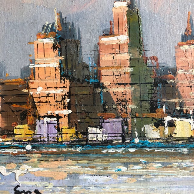 Mid-Century Modern Original Vintage Mid Century Modern Abstract Cityscape Painting Original Wood Frame For Sale - Image 3 of 5