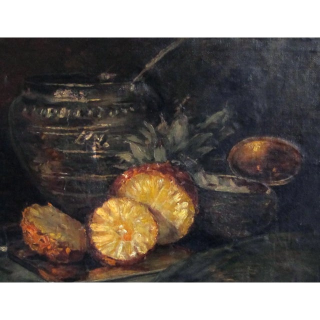 a serenely rendered still life depicting a lush table-scape with an exotic pineapple, symbolizing hospitality, resting on...