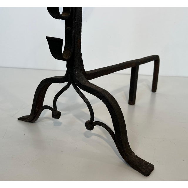 Important pair of wrought iron border andirons with deer heads For Sale - Image 11 of 12