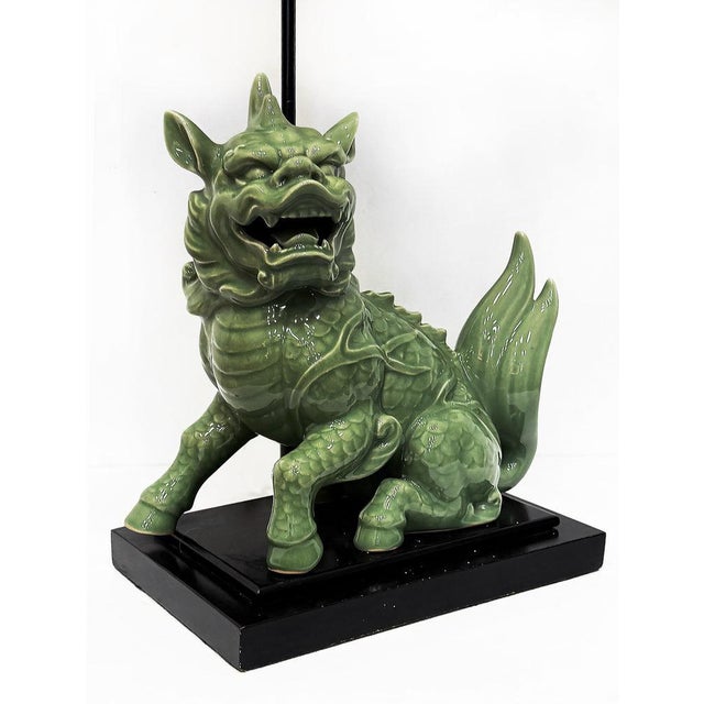 1940s Chinoiserie Celadon Porcelain Foo Dog Lamp, Custom Shade Offered for sale is an early 20th century porcelain foo dog...