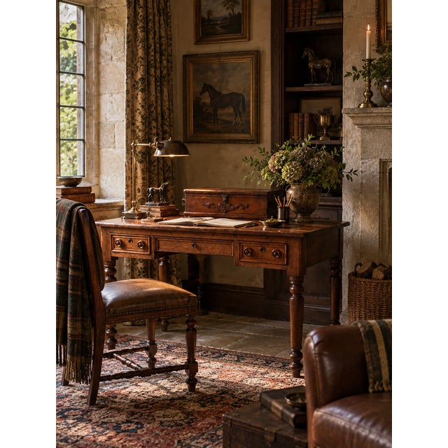 This is an antique Victorian writing desk. The elegant wooden desk features three drawers and an attached top letter box....