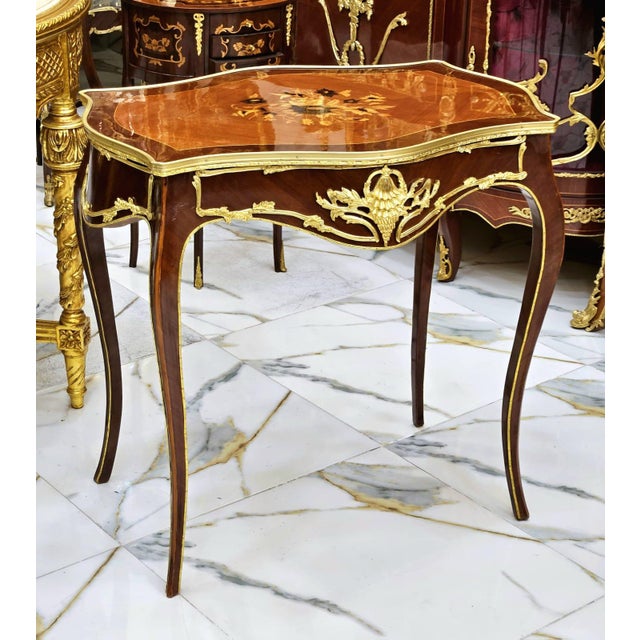 2020s Italian Louis XV Floral Marquetry Side Table With Gold Leaf Accents & Elegant Cabriole Legs For Sale - Image 5 of 6