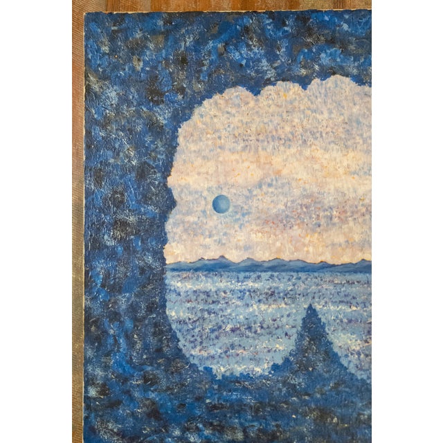 We are selling this interesting Mid-Century Modern surrealist style painting. This ominous painting presents a view of a...