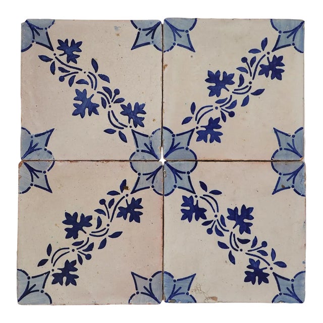 19th Century Floral Blue & Antique White Set of Four Portuguese Tiles For Sale