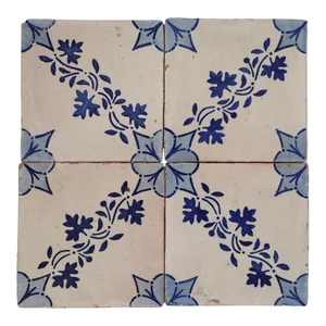 19th Century Floral Blue & Antique White Set of Four Portuguese Tiles