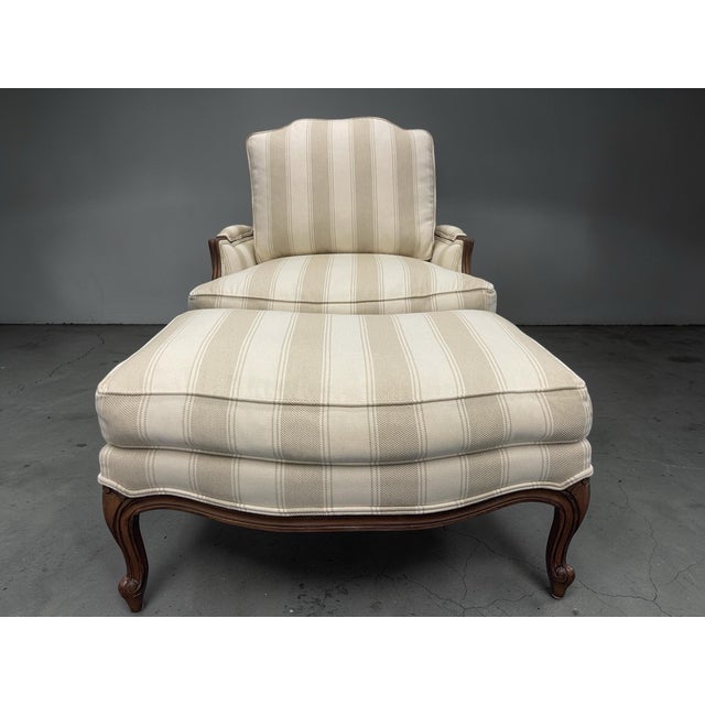 2010s Ethan Allen Bergère Lounge Chair and Ottoman in Neutral Stripe, Featherblend Cushion For Sale - Image 5 of 11