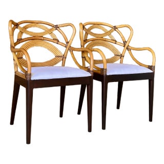 Pair of 1990s Sculptural Organic Modern Rattan Arm Side Chairs Custom Upholstered For Sale