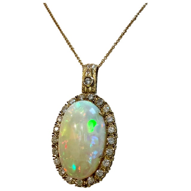 36 Ct Oval Ethiopian Opal & 2.5 Ct Diamond Pendant 14 Karat Yellow Gold Necklace For Sale - Image 15 of 18
