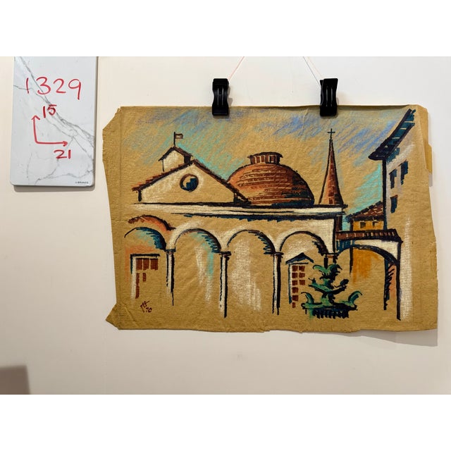 Paper Henry Emil Salloch Original Watercolor on Paper Mediterranean Plaza and Church Tower, 1970. For Sale - Image 7 of 7