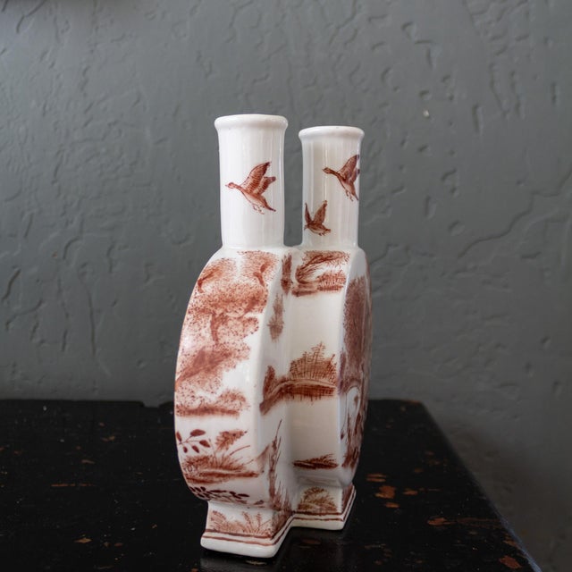 Porcelain Double Moon Flask Vase With Red Hand Painted Country Scene For Sale - Image 13 of 18