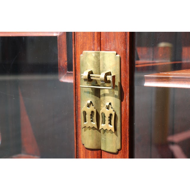 Vintage Asian-Inspired Rosewood Display Cabinet / Curio With Glass Doors and Brass Hardware For Sale - Image 13 of 18