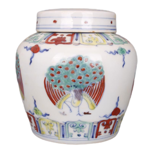 Early 20th Century Chinese Ceramic Tea Jar China Blue and White Doucai Porcelain Chenghua Tian Marked Jar Hand Painted Peacock Pattern