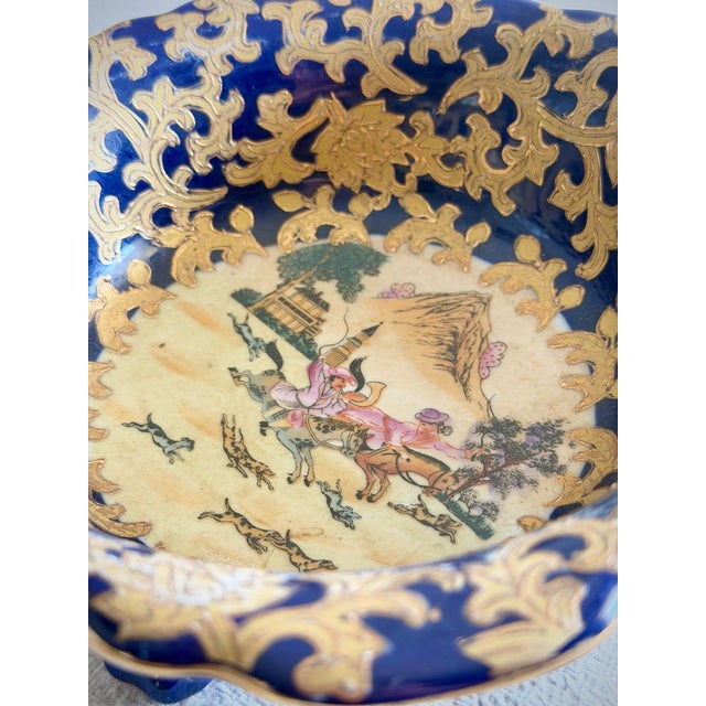 Blue Antique Chinese Three Footed Porcelain Bowl, Cobalt and Gilt Chinoiserie Fox Hunt Scene, Qianlong Style For Sale - Image 8 of 11
